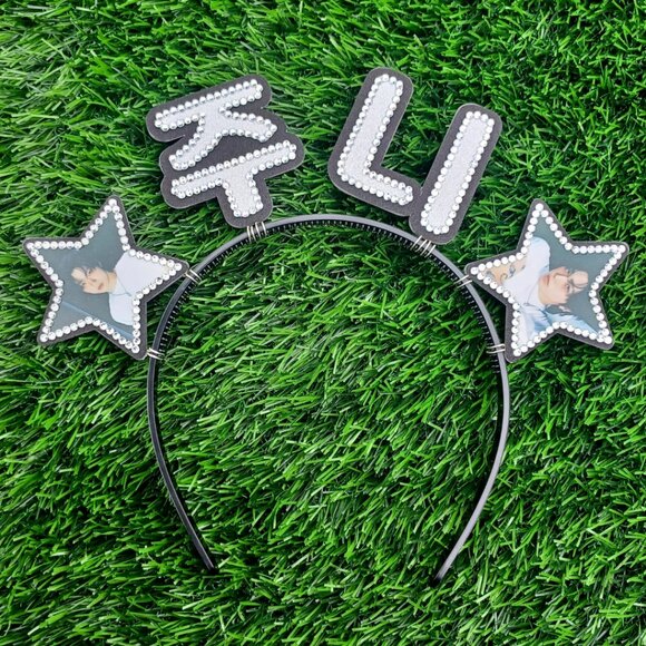 JUNNY KPOP Headband Rhinestone Korean Hangul Name Concert Hair Banner